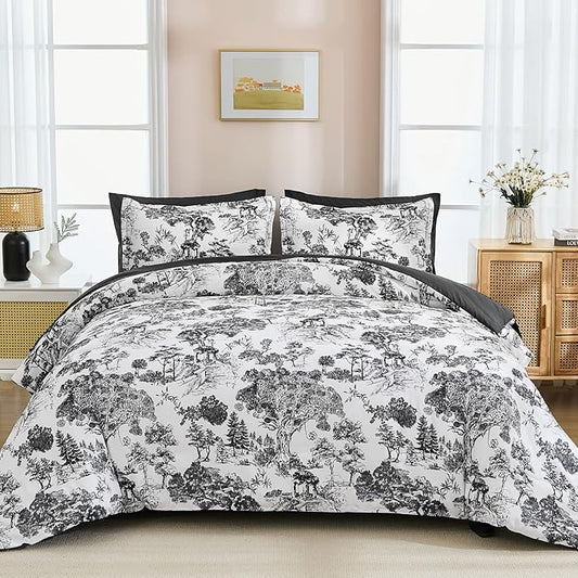 DJY Black Comforter Set Queen, 7 Pieces Black and White Botanical Comforters Queen Size Elegant Plants Print with Sheets Bed in a Bag Soft Microfiber Reversible Complete Bedding Sets for All Season