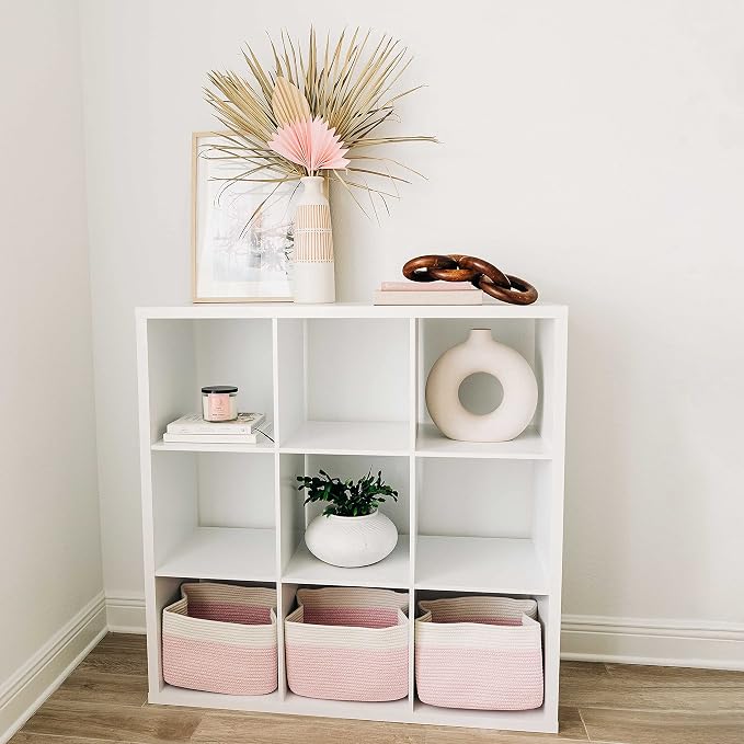 OrganiHaus Rope Baskets for Shelves - Set of 3 Woven Storage Baskets for Organizing, Closet & Toy Storage - Pink/Off-White - 15x9x10 - Image 7