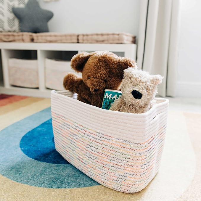 OrganiHaus Rainbow Basket - Colorful Woven Storage Basket for Playroom, Nursery & Classroom Decor & Toy Storage, Rainbow Stitches 15x9x10 - Image 7