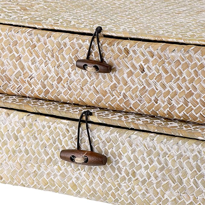 Hipiwe Set of 2 Flat Woven Wicker Storage Bins with Lid Natural Seagrass Basket Boxes Multipurpose Home Organizer Bins Boxes for Shelf Organizer (Whitewash) - Image 4