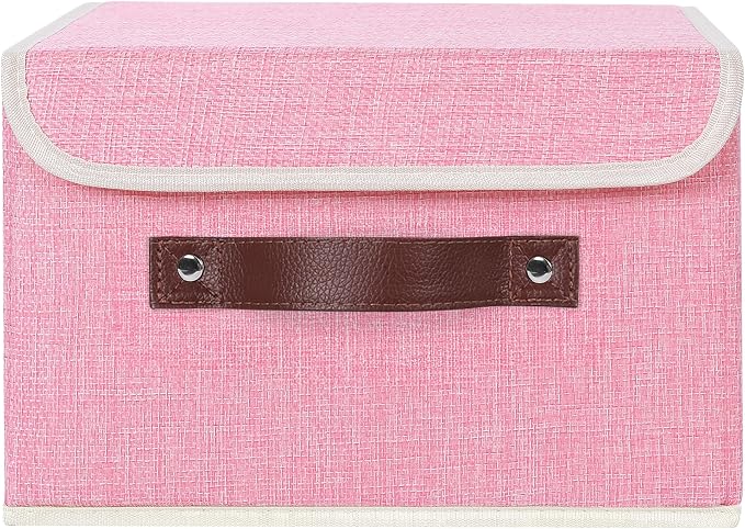 ANMINY Storage Bin with Lid Storage Boxes with PU Leather Handles PP Plastic Board Decorative Foldable Lidded Cotton Linen Fabric Home Cubes Baskets Closet Organizer Container - Pink, Small Size - Image 2