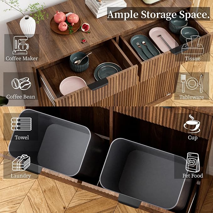 Double Tilt-Out Trash Cabinet, Laundry Hamper Cabinet with 2 Drawers, 39.4W x 34.3H x 13.8D inches, Walnut, Wave-Textured Front. - Image 4