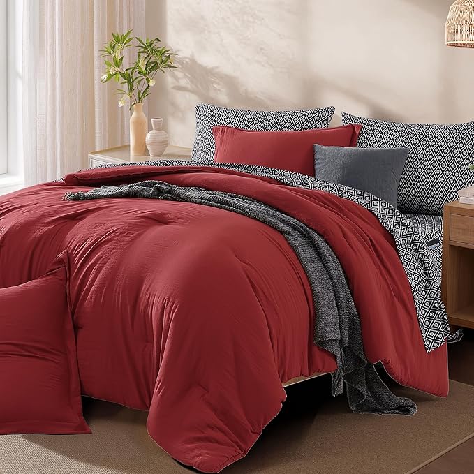 Monbix Queen Comforter Set - 7 Pieces Bright Red Prewashed Bed in a Bag Queen Bedding Sets with Comforters, All Seasons Ultra Soft Comforter Bed Set with Sheets, Pillowcases & Shams