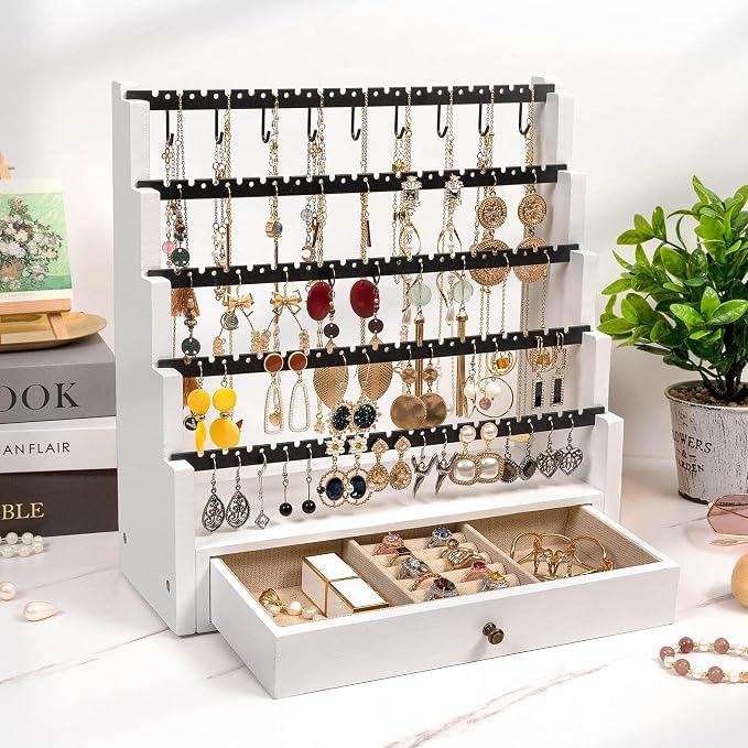 Pinzoveco Earring Organizer, 5 Layer Earring Holder Organizer with Necklace Holder Pole, Rustic Wood Jewelry Organizer Stand Display for Stud Earring Bracelet Necklace Ring, 175 Earring Holes - Image 2