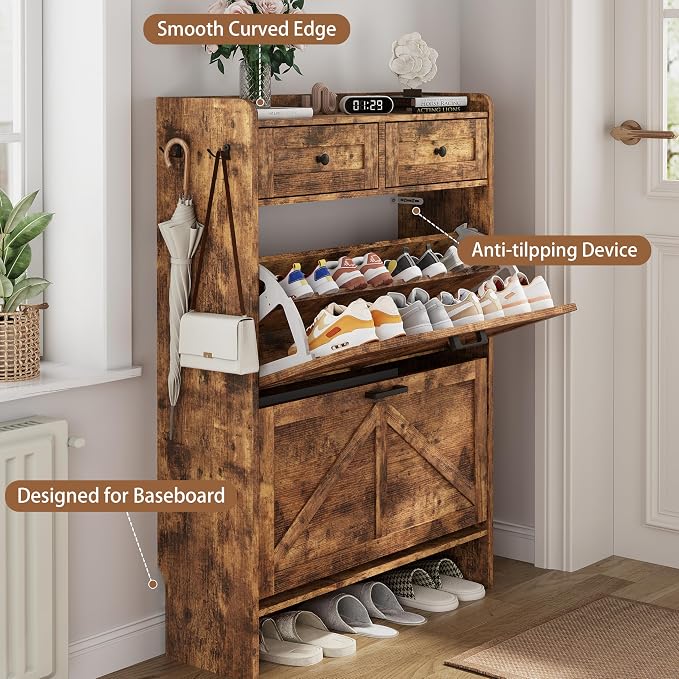 Shoe Cabinet with 2 Flip Drawers & 2 Top Drawers, 43" Tall Freestanding Narrow Wooden Shoe Storage Organizer for Entryway, Hidden Slim Shoe Rack for Front Door Entrance, Hallway, Living Room, Brown - Image 5