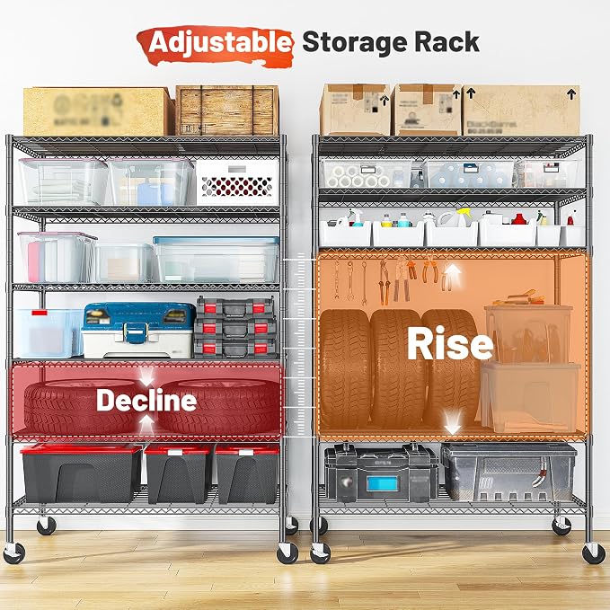 Romorgniz 82"H X45"W X18"D Storage Shelves with Wheels, 6 Tier Wire Shelving Adjustable Metal Shelving Pantry Shelves Capacity 1200LBS for Garage Shelving, Pantry, Kitchen, Closet, Commercial, Black - Image 7