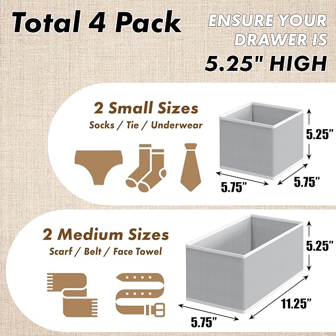 Simple Houseware Underwear Drawer Organizer for Sock/Bra/Undergarment/Panty/Onesie, Collapsible, Set of 4, Gray - Image 2
