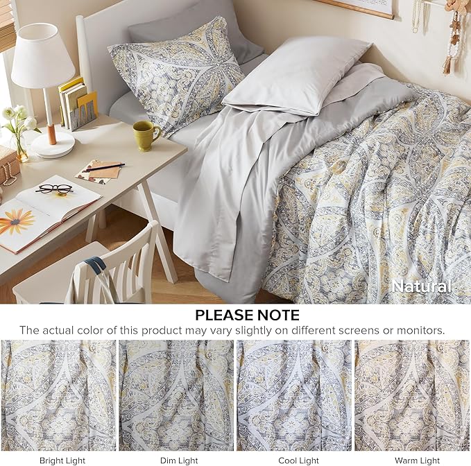 Comfort Spaces Bed in A Bag Comforter Set - Trendy Casual Design Twin Comforter with Complete Sheet Set with Side Pocket, All Season Comforter Twin, Shams, Gloria, Twin Grey/Yellow 6 Piece