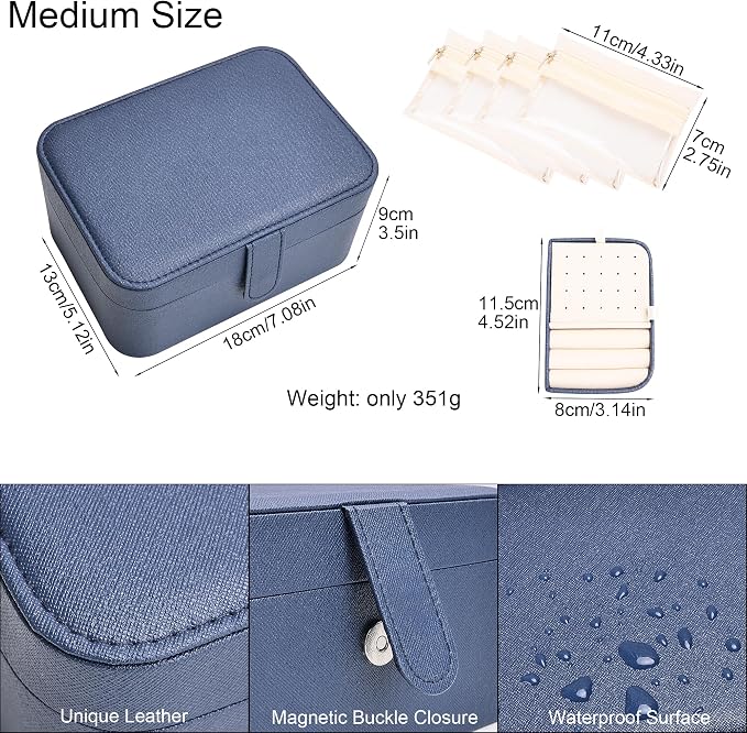 2 Layer Portable Jewelry Box, Large Jewelry Travel Case with 4 Velvet Jewelry Pouches, Medium Size Jewelry Organizer Box for Earrings, Necklaces, Bracelets (dark blue) - Image 2