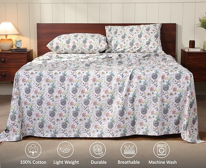 RUVANTI 100% Cotton Sheets – Twin Size Percale Bedding, Cooling & Breathable Floral Design, Durable with a Crisp, Soft & Comfortable Feel, 16" Deep Pocket, 3-Piece Set, Dandelion Field