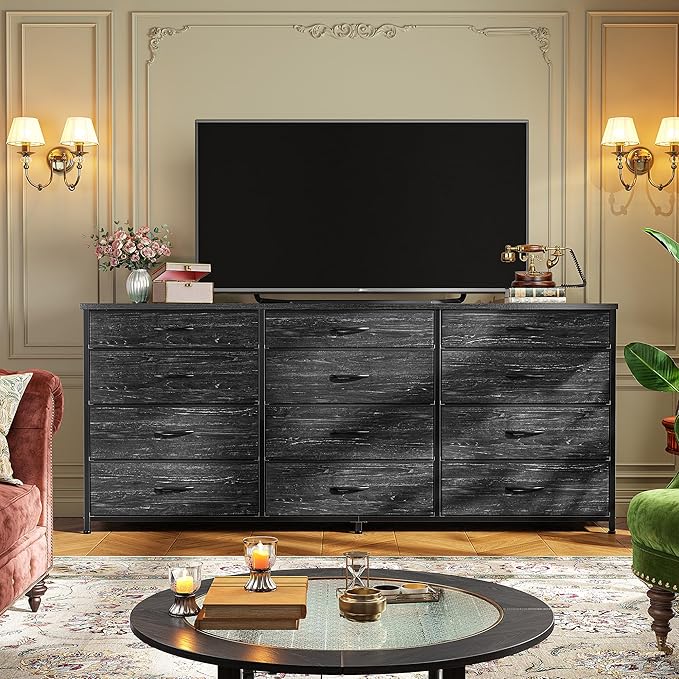 Romorgniz 55" Long Dresser for Bedroom with 12 Fabric Drawers, Entertainment Center for 60 inch TV Dressers & Chests of Drawers Large Organizer, Living Room, Metal Frame, Wood Top, Black