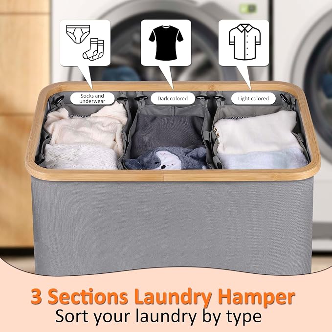 efluky Laundry Hamper with Lid, Trio Laundry Hamper with 3 Removable Bags, 3 Section Laundry Basket with Bamboo Handles for Bathroom, Bedroom & Laundry Room, 160L Silver Grey - Image 4