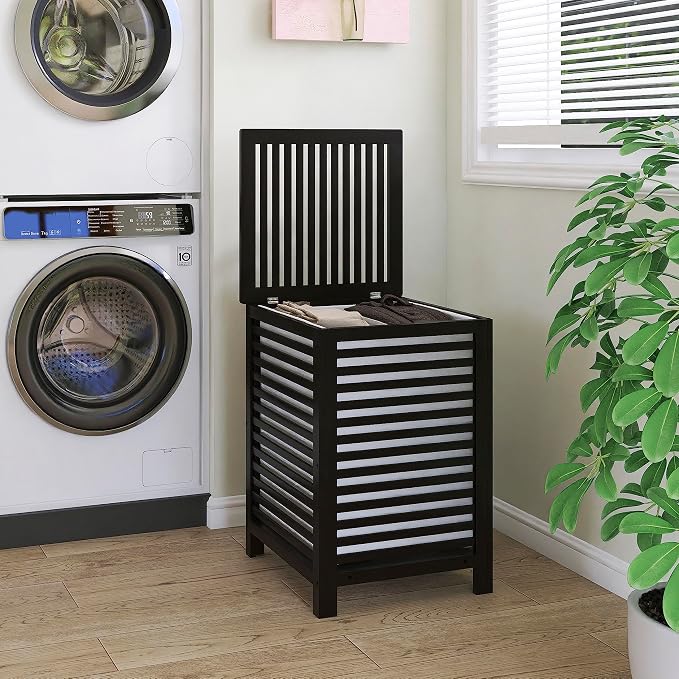 SMIBUY Double Laundry Hamper with Lid, 120L Bamboo Laundry Basket with Removable Liner Bag, 2-Section Clothes Divider Laundry Sorter for Laundry Room, Bathroom, Bedroom (Black) - Image 2