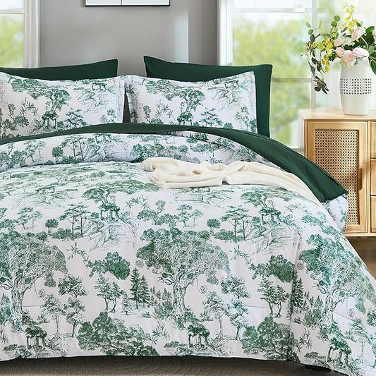 DJY Queen Size Comforter Sets, Green Botanical Comforters with Sheets 7 Pieces Bed in a Bag Queen Elegant Plants Print Soft Microfiber Reversible Complete Bedding Sets for All Season