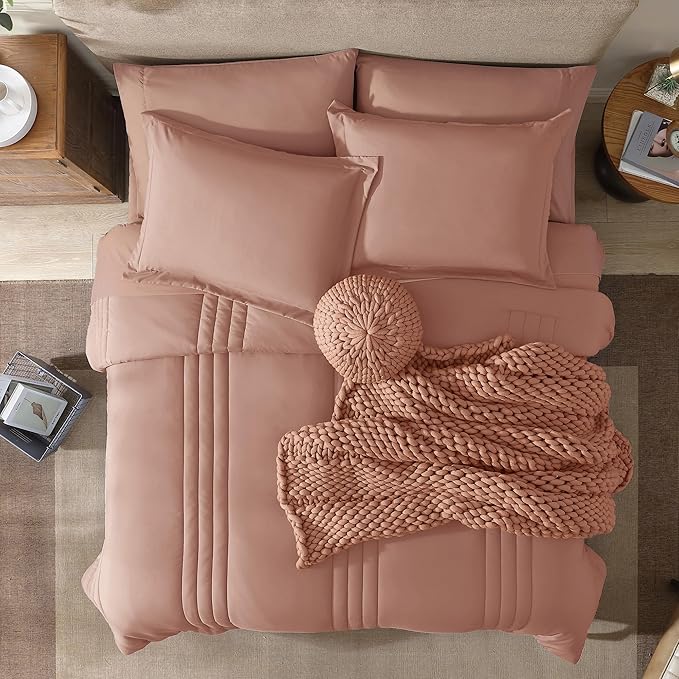 Monbix Queen Comforter Set - 7 Pieces Clay Pink Bed in a Bag Queen Bedding Sets with Comforters, All Seasons Comforter Bed Set with Sheets, Pillowcases & Shams