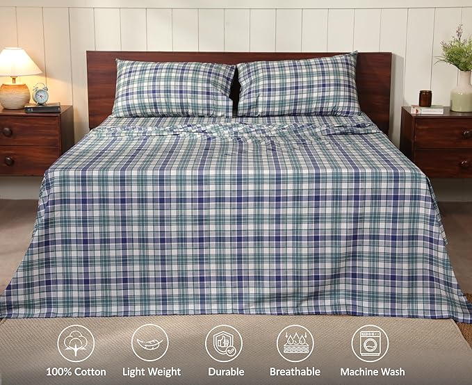 RUVANTI 100% Cotton Sheets – Twin XL Size Percale Bedding, Cooling & Breathable Floral Design, Durable with a Crisp, Soft & Comfortable Feel, 16" Deep Pocket, 3-Piece Set, Greenish Blue Plaid