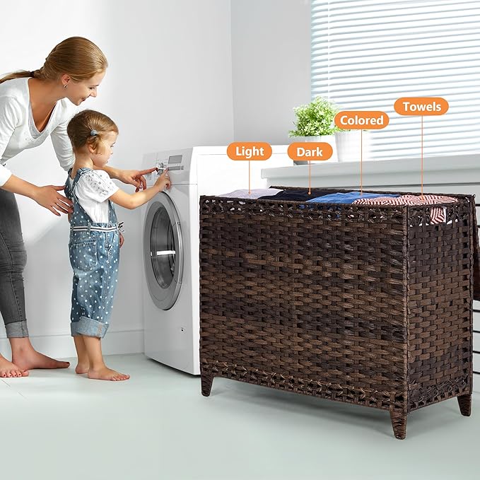 Laundry Hamper with 4 Removable Liner Bags; 176L Handwoven Rattan Laundry Basket with Lid & Heightened Feet; Clothes Hamper with Side Handles - Image 2