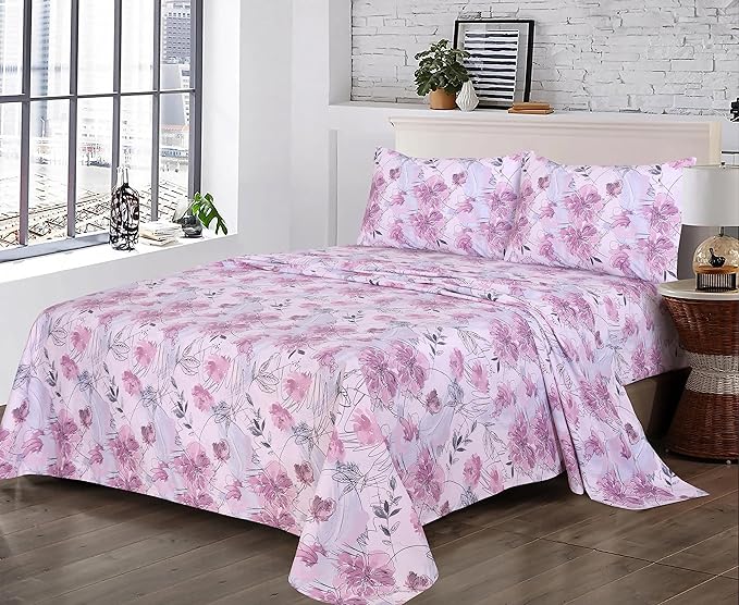 RUVANTI 100% Cotton Sheets – Queen Size Percale Bedding, Cooling & Breathable Floral Design, Durable with a Crisp, Soft & Comfortable Feel, 16" Deep Pocket, 4-Piece Set, Lilac Floral