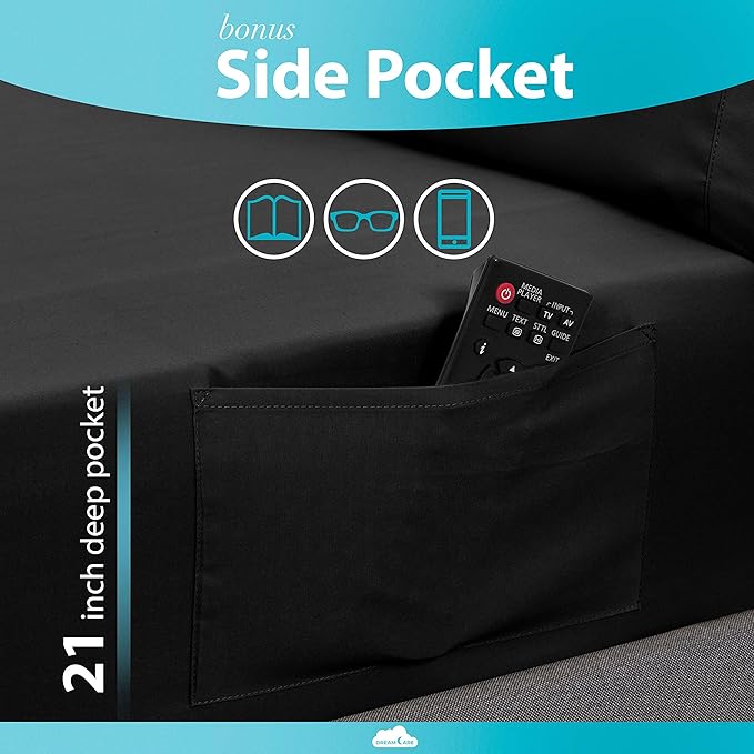 DREAMCARE California King Sheet Sets - 6 pcs Breathable Cooling Bed Sheets - up to 21" Extra Deep Cal King Sheets with Side Pockets - Extra Soft 100% Brushed Hypoallergenic Hotel Luxury Bedding -Black