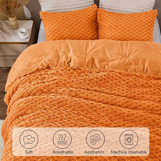 BEDELITE Fluffy Queen Comforter Set - Burnt Orange Fleece Soft Comforter for Queen Size Bed, Luxury Warm Bedding Set for Winter, Fuzzy Bed Set 3 Pieces (1 Comforter, 2 Pillowcases)