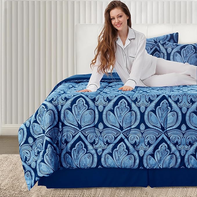 LUX Décor Reversible 4pc Twin Comforter Set, Printed Bedding Set, All-in-One Bed in a Bag, Includes 1 Comforter, 1 Pillow Sham, 1 Decor Pillow & 1 Bed Skirt (Paisley Navy,Twin)