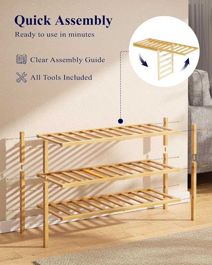 Kitsure Bamboo Wooden Shoe Rack for Closet - Stackable Shoe Organizer with Modular Structure, Space-Saving Shoe Shelf for Entryway, Living Room, Bedroom, 26.8" x 11" x 18.9", Natural - Image 6