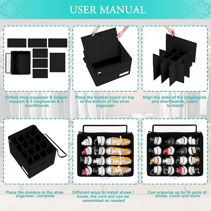 Luvhomee Shoe Storage Organizer, Fits 16 Pairs, Large Shoe Organizer Box for Closet, Clear Foldable Shoes Containers w/Bottom Support, Space Saving Shoe Cubby Storage Boxes w/Reinforced Handles, Black - Image 6