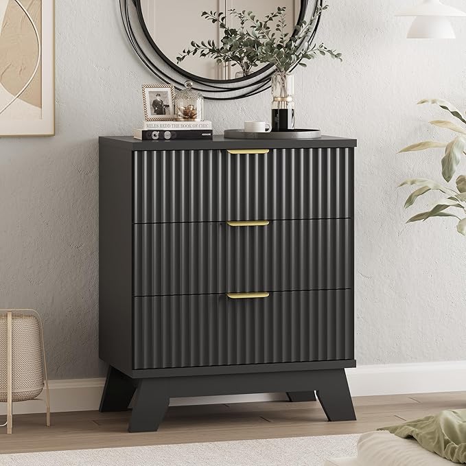 Fluted Dresser for Bedroom with 3 Drawers, 24" Wide Modern Chest of Drawers with Metal Handle, Wooden Dresser TV Stand, Wood Closet Clothes Storage Drawer Organizer for Living Room, Hallway, Black
