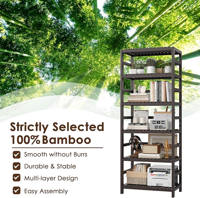 FOTOSOK 6-Tier Bamboo Shelf, Bamboo Bookcase with Adjustable Shelves, Free Standing Storage Shelf Unit, Plant Flower Stand for Kitchen, Bathroom, Home Office, Vintage - Image 7