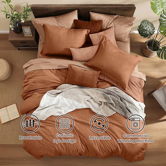 Monbix Super King Comforter Set, Autumn Leaf Cationic Dyeing Bedding Set Reversible, Bed in a Bag 7 Pieces with Comforter, Sheets, Pillowcases & Shams