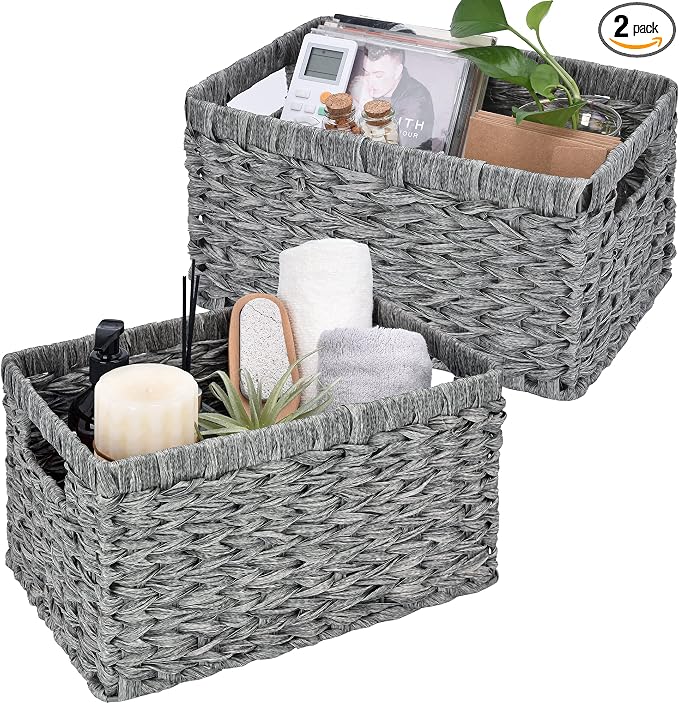 GRANNY SAYS Wicker Baskets with Handles - Gray Storage Baskets (2-Pack) for Organizing Cabinet, Coffee Table by GRANNYSAYS