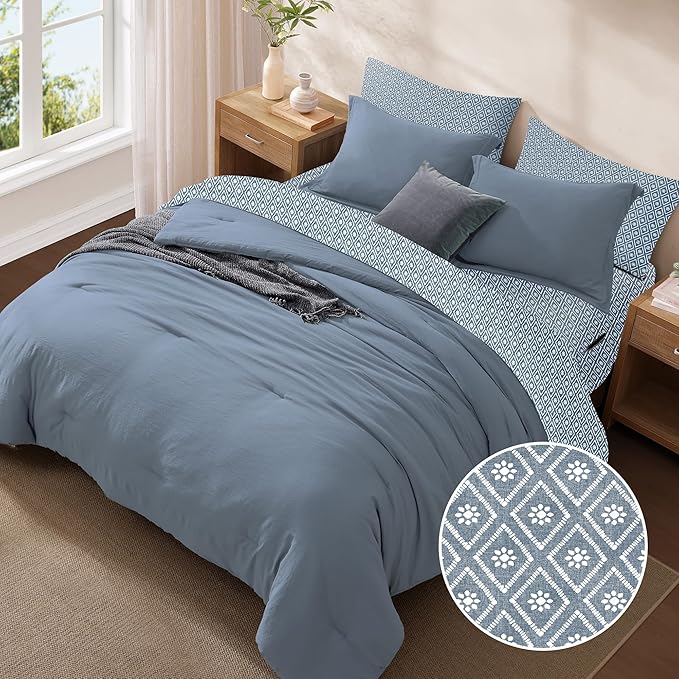 Monbix Queen Comforter Set - 7 Pieces Oxford Blue Prewashed Bed in a Bag Queen Bedding Sets with Comforters, All Seasons Ultra Soft Comforter Bed Set with Sheets,Pillowcases & Shams