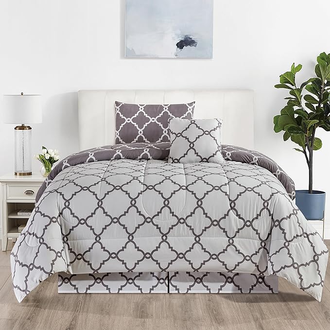 LUX Décor Reversible 4pc Twin Comforter Set, Printed Bedding Set, All-in-One Bed in a Bag, Includes 1 Comforter, 1 Pillow Sham, 1 Decor Pillow & 1 Bed Skirt (Quatrefoil Grey,Twin)