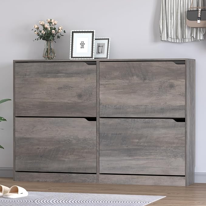 BORNOON Shoe Cabinet with 4 Flip Drawers, Narrow Hidden Shoe Storage Cabinet, Slim Freestanding Shoe Rack Organizer for Entryway, Hallway, Bedroom, Living Room - Image 3