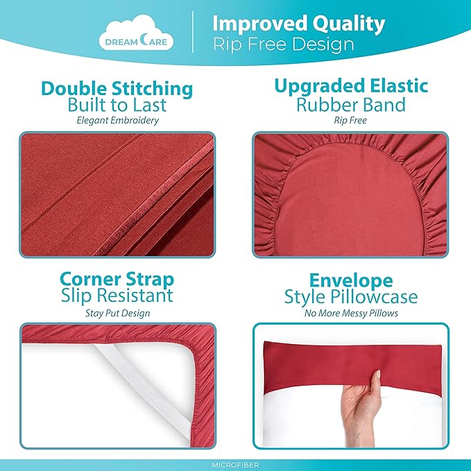DREAMCARE Twin XL Sheet Sets - 3 pcs Breathable Cooling Bed Sheets - up to 21" Extra Deep Pocket Twin XL Sheets Set with Side Pockets - Extra Soft 100% Brushed Hypoallergenic Hotel Luxury - Burgundy