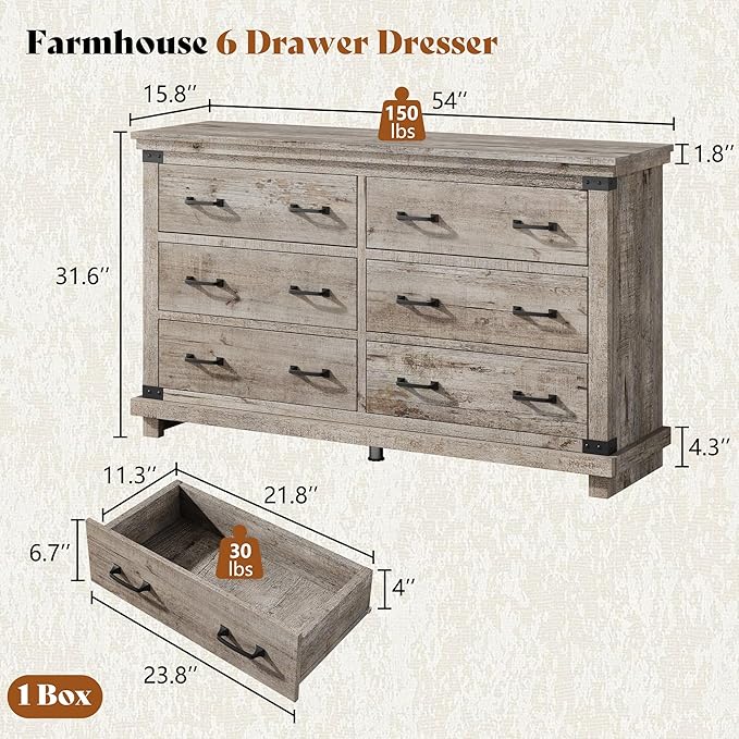 AMERLIFE 5 Pieces Farmhouse Bedroom Set, Includes Rustic Full Bed Frame with 54" Tall Headboard, 6 Drawer Dresser, 5 Drawer Tall Chest, Nightstands Set of 2 with Charging Station, Rustic Grey
