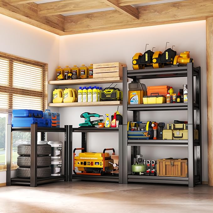 Storage Shelves, Garage Metal Shelving Unit, Adjustable, Double-Layer Column with Reinforced Ribs, Heavy-Duty, Capable of Bearing 600-3600 lbs (Black, 24 * 14 * 54, 4-Tier) - Image 2