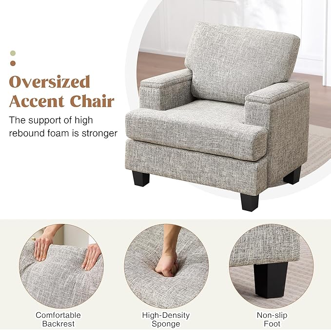 Oversized Accent Chair with Armrest Storage, Modern Upholstered Reading Living Room Chairs, Comfy Large Armchair, Fabric Single Sofa Chair for Bedroom (Light Grey)