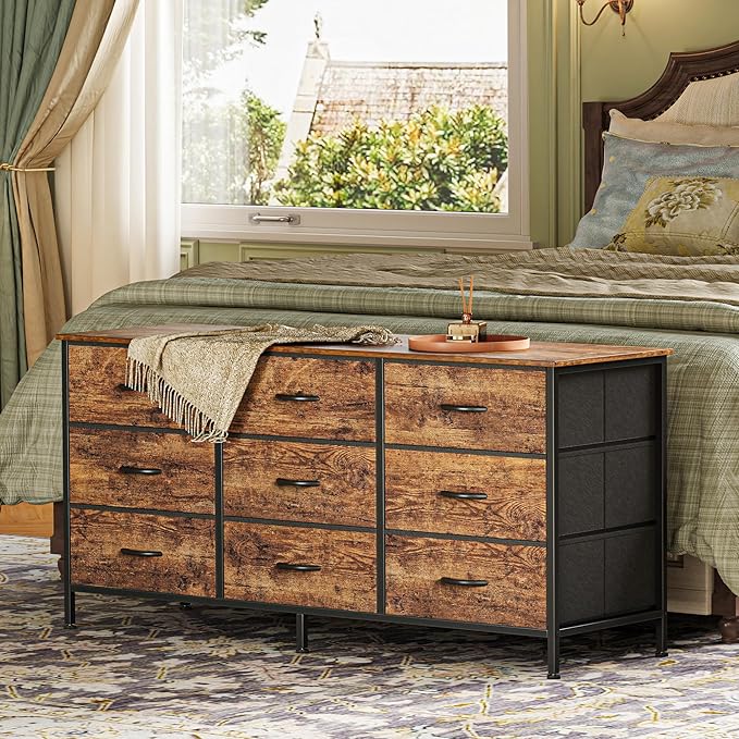 Huuger 9 Drawer Dresser, 47 Inch Dresser TV Stand for 50, 55 Inch TV, Entertainment Center with Drawers, Fabric Chest of Drawer for Bedroom, Closet, Rustic Brown