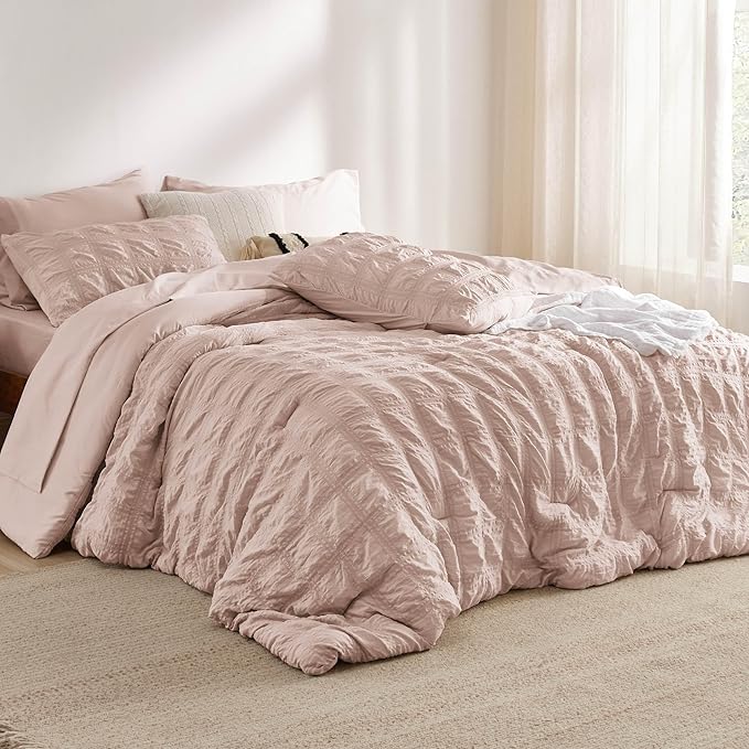 Bedsure Bed in a Bag Full - 7 Pieces Plaid Seersucker Bedding Comforter Sets, Soft Lightweight Rose Dust Boho Bed Set with Comforters Full Size, Sheets, Pillowcases & Shams