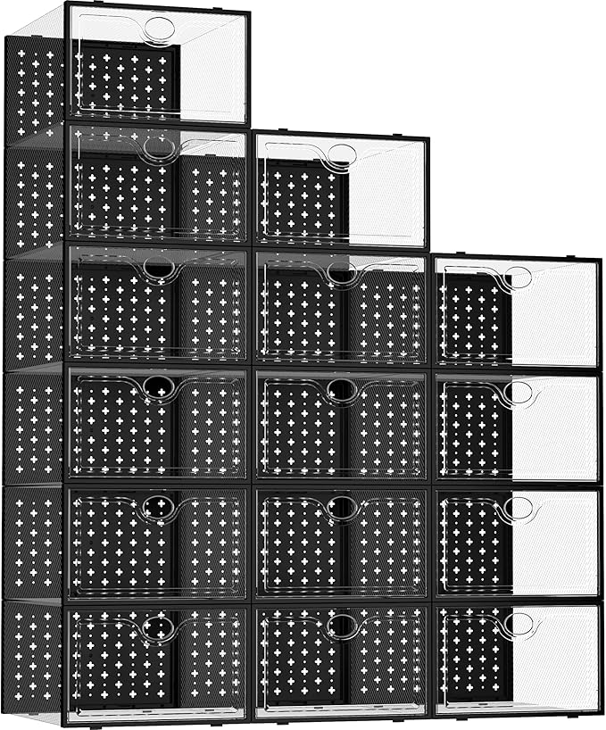 Pinkpum 15 Pack X-Large Shoe Storage Boxes Fit Size 11, Shoe Organizer for Closet Clear Plastic Stackable Shoe Dispaly Case Bins Holder, Sneaker Storage for Sneakerheads Black by Pinkpum