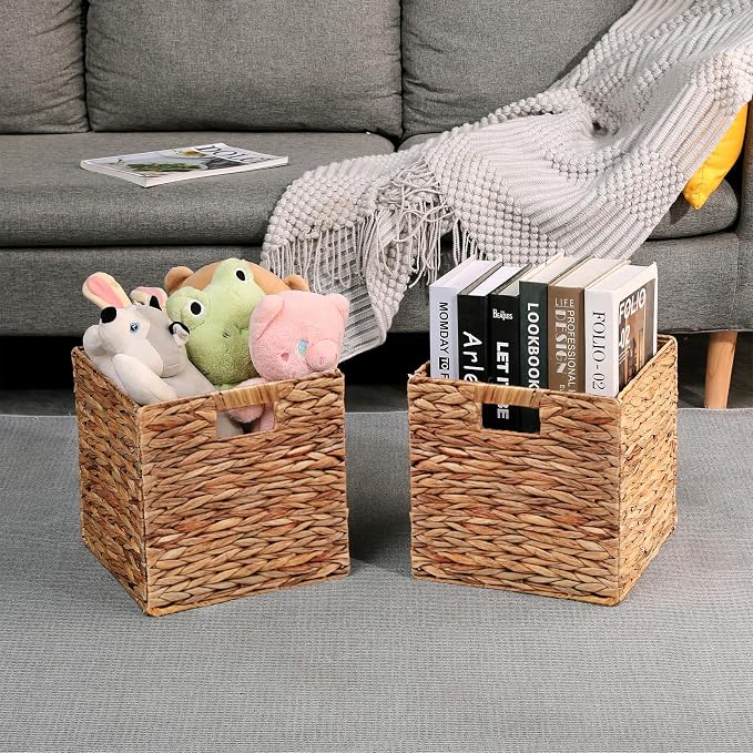 11x11in Wicker Storage Basket Set of 2 Collapsible Hyacinth Cube Storage Baskets,Storage Bins for Organizing Storage Basket with Built-in Handles - Image 3