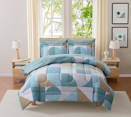 Geometric Comforter Set Full Size with Sheets Bed in a Bag – Deep Pocket Fitted Sheet with Elastic Corners, Cozy Comforter, Pillowcases & Shams – Soft Microfiber All Season Bedding – Machine Washable