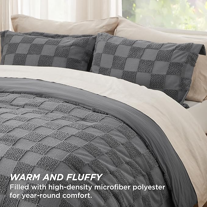 Bedsure King Size Comforter Set Dark Grey, Boho Tufted Bed Set, Checkered Farmhouse Shabby Chic Bedding, 3 Pieces, 1 Plaid Geometric Comforter and 2 Pillow Shams