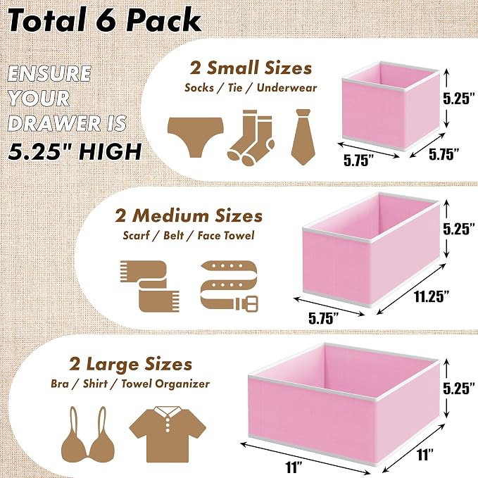 Simple Houseware Underwear Drawer Organizer for Lingerie/Undergarment/Bra/Panty/Sock/Onesie, Set of 6, Pink - Image 2