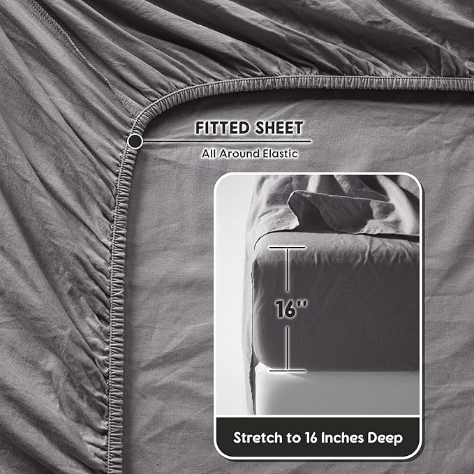 SONORO KATE 100% French Pure Linen Sheets, Breathable and Durable Line Twin XL Size Sheets, Anti-Tear Line Bed Sheets, Machine Washable, 16 Inch Deep Pocket - 3 Piece (Dark Grey, Twin XL)