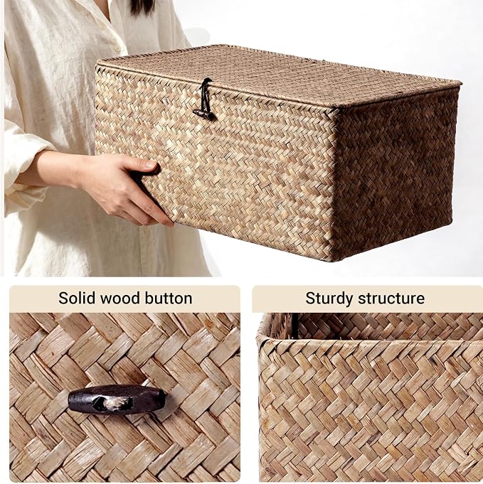 Nonam Seagrass Storage Large Basket with Lid,Wicker Basket Storage Bin with Lid for Shelves,Boho Decor,Handwoven Shelf Basket for Organizing-Storage Container Box for Home Organization-Coffee - Image 2