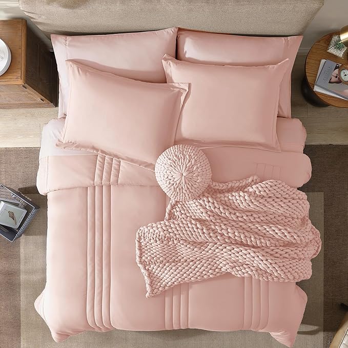 Monbix King Size Comforter Set - 7 Pieces Light Pink Bed in a Bag King Bedding Sets with Comforters, All Seasons Comforter Bed Set with Sheets, Pillowcases & Shams (102"x90")