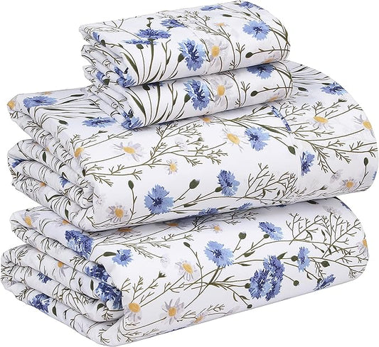 RUVANTI 100% Cotton Sheets – California King Percale Bedding, Cooling & Breathable Floral Design, Durable with a Crisp, Soft & Comfortable Feel, 14" Deep Pocket, 4-Piece Set, Sweet Pea