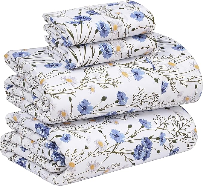 RUVANTI 100% Cotton Sheets – Full Size Percale Bedding, Cooling & Breathable Floral Design, Durable with a Crisp, Soft & Comfortable Feel, 16" Deep Pocket, 4-Piece Set, Sweet Pea